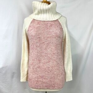 MODCLOTH‎ Wool Cream Pink Marled Chunky Knit Turtleneck Tunic Sweater Women's M